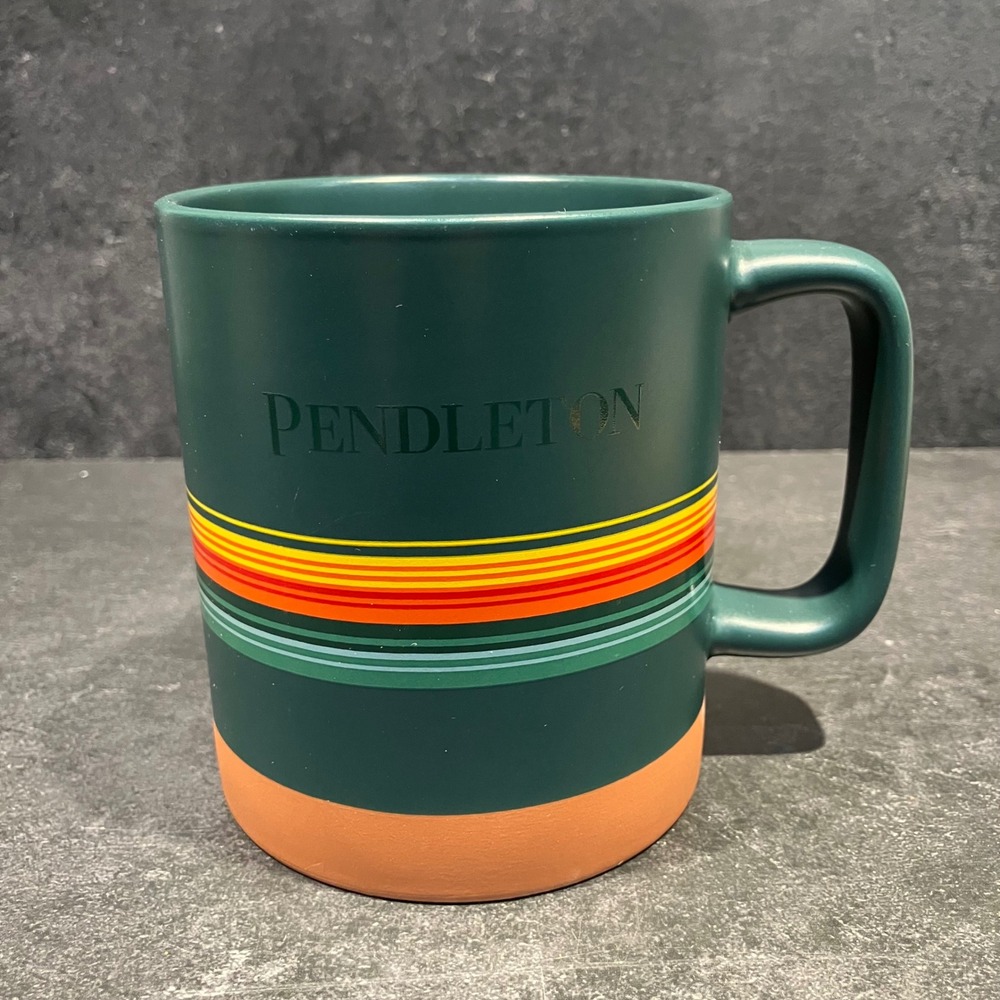 Pendleton Woolen Mills Coffee Mug Striped Stoneware Large Cup 18oz Green